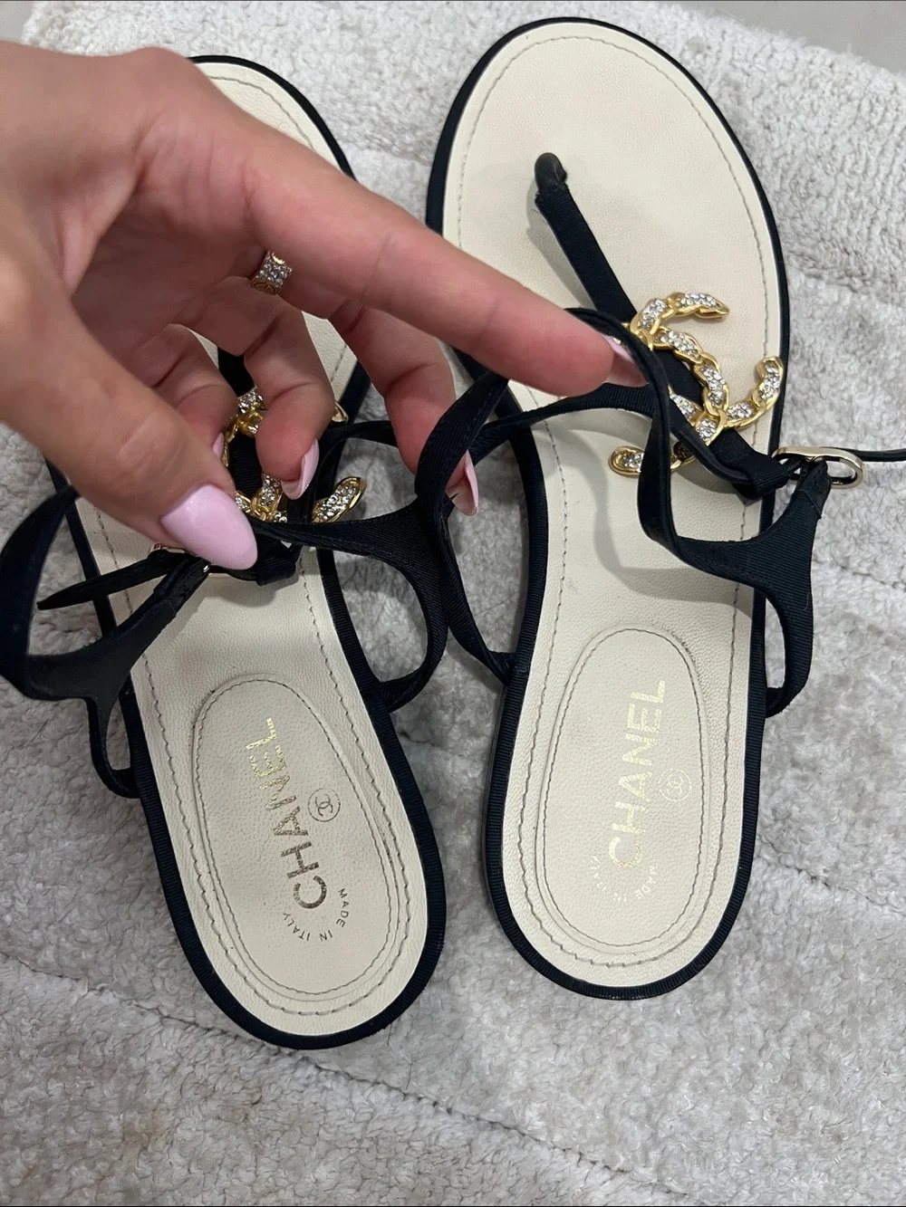 CHANEL Black & Cream Crystal CC Thong Sandals